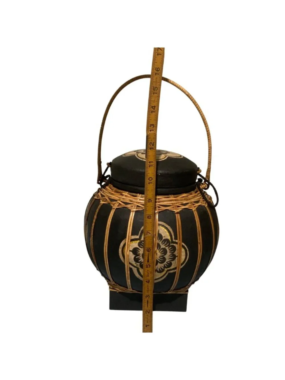 Handcrafted Vintage Thai Rice Basket With Lid And Floral Design